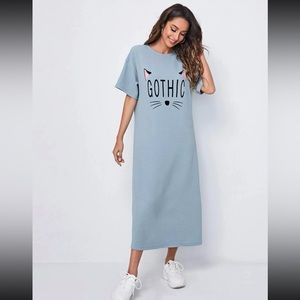 Cat Face Tshirt Dress Maxi Dress Baby Blue Casual Dress